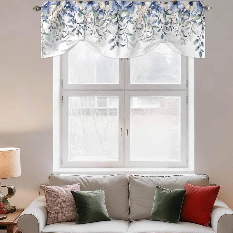 RisQiten Blue Spring Floral Tie Up Valance Curtains for Windows, Summer Botanical Kitchen Curtains Window Treatments, Weeping Flower Short Window Shades Valances for Bedroom Bathroom Cafe 54"x18" - Image 3